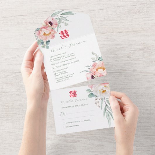 中国のダブルハピネスオールインワン結婚式招待状 オールインワン招待状 (貼ってはがせる)