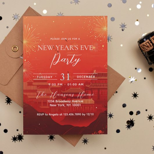 中国のテーマレッドニューイヤーズイブパーティー 招待状