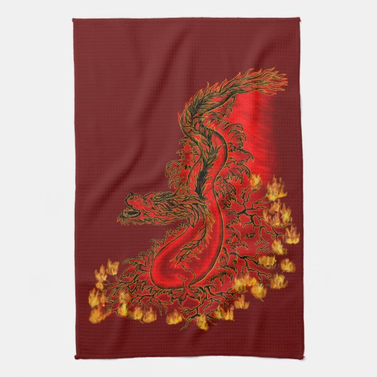 中国のドラゴンの赤と金のデザイン キッチンタオル (縦)