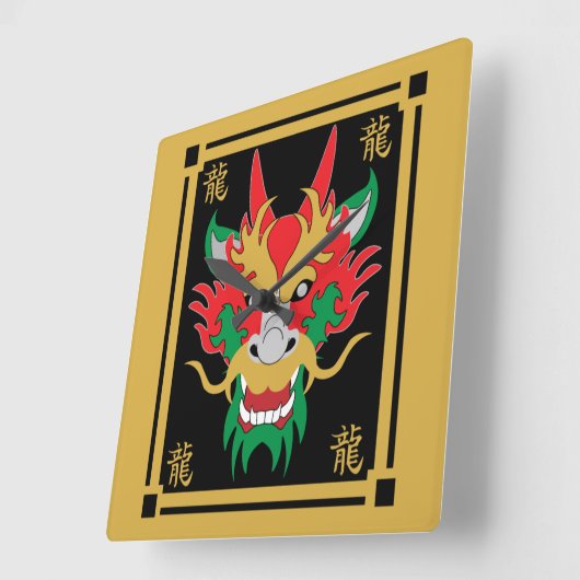 中国のドラゴンマスクアジア美術 スクエア壁時計 (傾斜)