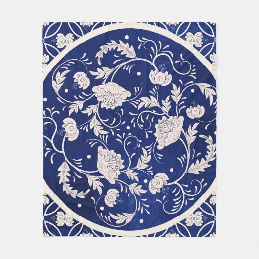 中国のフローララウンド：青い水色のヴィンテージ フリースブランケット (正面)