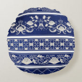 中国のフローラ青:ヴィンテージ水色縁ど ラウンドクッション (正面)