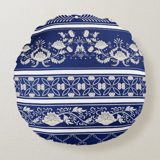 中国のフローラ青:ヴィンテージ水色縁ど ラウンドクッション (正面)