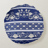 中国のフローラ青:ヴィンテージ水色縁ど ラウンドクッション (裏面)
