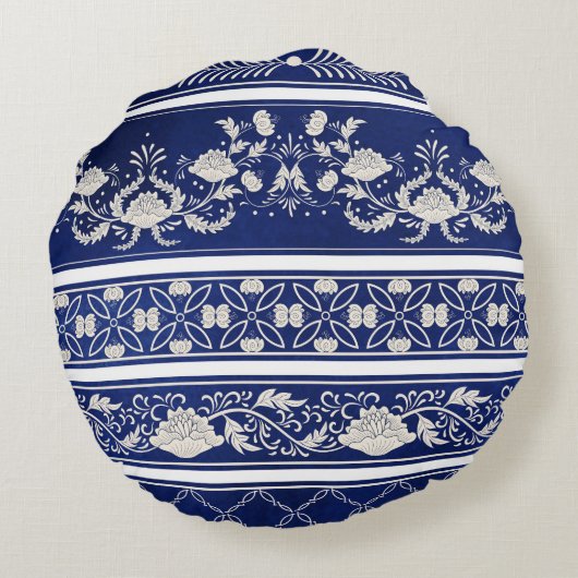 中国のフローラ青:ヴィンテージ水色縁ど ラウンドクッション (裏面)
