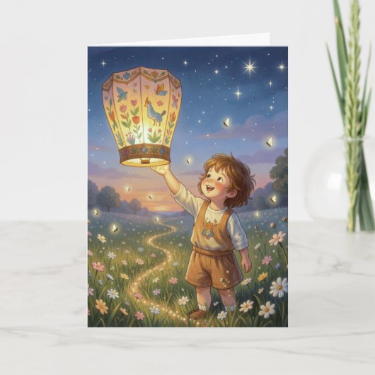 中国のランタンを掲げる誕生日の少年 カード (正面)