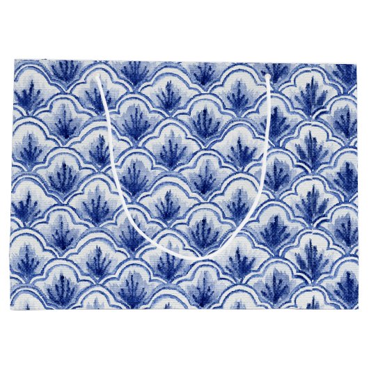 中国のヴィンテージ青と白のシェルパターン ラージペーパーバッグ (裏面)