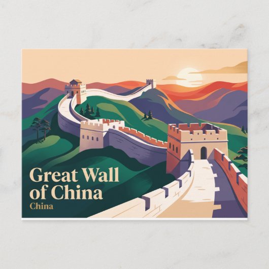 中国の万里の長城での日没 ポストカード (正面)