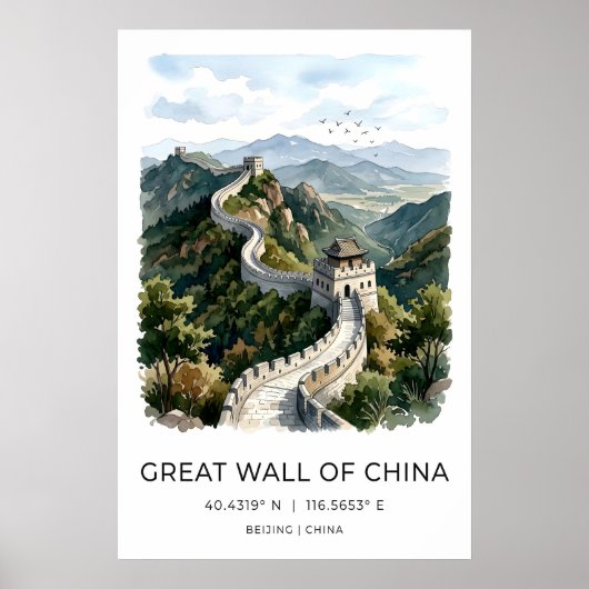 中国の万里の長城の水彩画, 北京の旅行アート ポスター (正面)