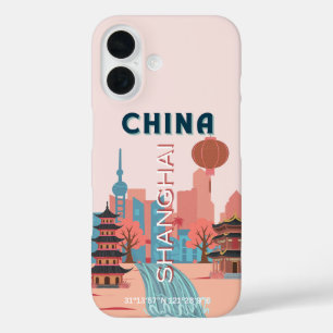 中国の上海の旅行 レトロなビンテージポスター iPhone 16ケース