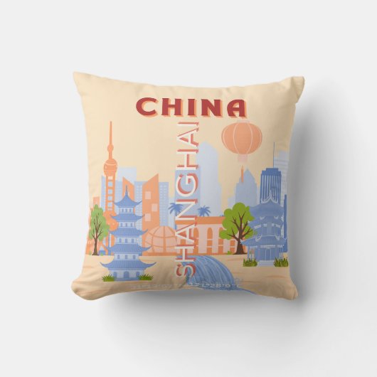 中国の上海 レトロ パステル 旅行 アート クッション (正面)