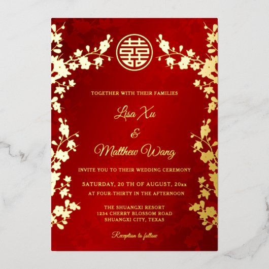 中国の二言語対応 | ゴールドと赤の花嫁衣装の結婚式 箔招待状 (正面)