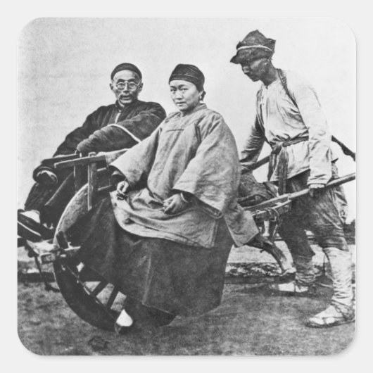 中国の人力車， c.1870 （b/w写真） スクエアシール (正面)
