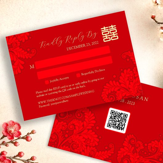 中国の伝統的な結婚式のQRコード付き返信ハガキ