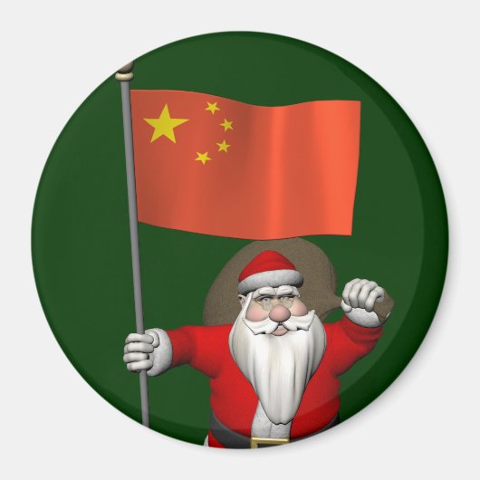 中国の国旗を持ったサンタクロース マグネット (正面)