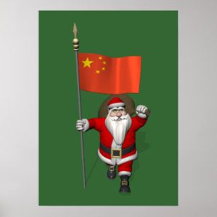 中国の国旗を持つサンタクロース ポスター