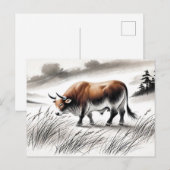中国の墨で描いた十二支の強大な丑の牧草地での草刈り シーズンポストカード (正面/裏面)