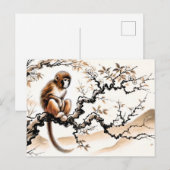 中国の墨で描いた干支の遊び心のある木に止まったサル シーズンポストカード (正面/裏面)