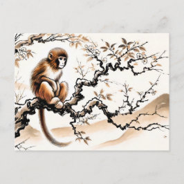 中国の墨で描いた干支の遊び心のある木に止まったサル シーズンポストカード
