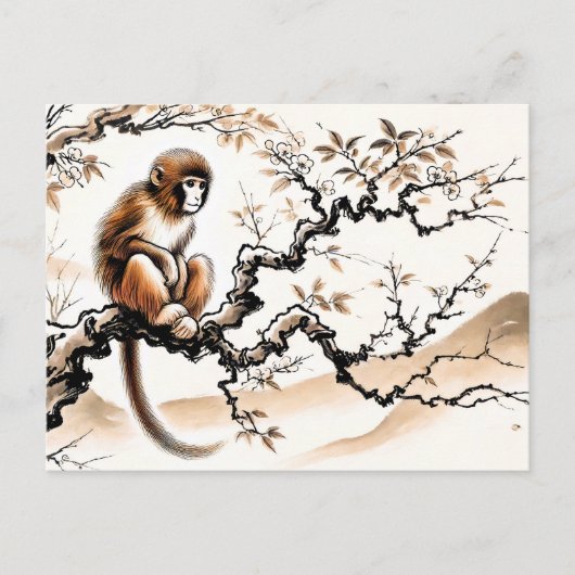 中国の墨で描いた干支の遊び心のある木に止まったサル シーズンポストカード (正面)