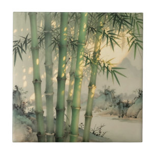 中国の墨絵の緑豊かな竹林 タイル