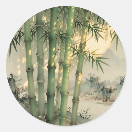 中国の墨絵の緑豊かな竹林 ラウンドシール (正面)