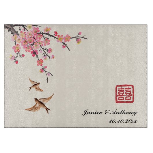 中国の墨絵の花鳥の結婚式 カッティングボード (正面)