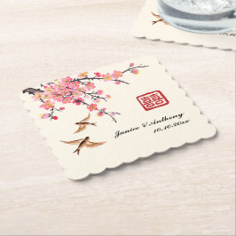 中国の墨絵の花鳥ウェディング ペーパーコースター