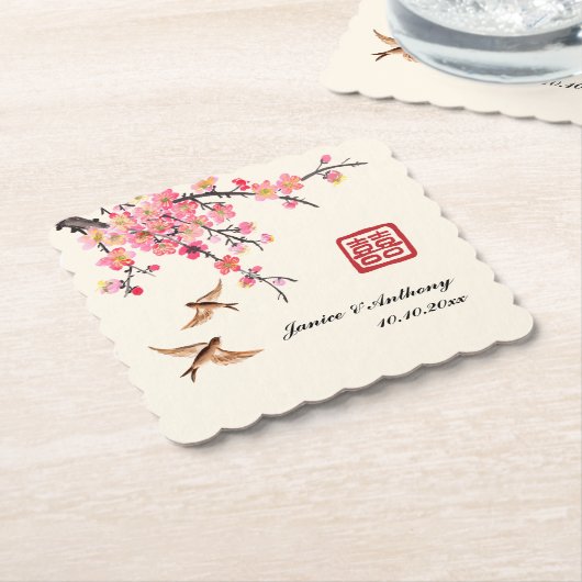 中国の墨絵の花鳥ウェディング ペーパーコースター (アングル)