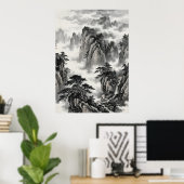 中国の墨絵風景画 霧の山々 松 ポスター (ホームオフィス)