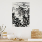 中国の墨絵風景画 霧の山々 松 ポスター (キッチン)