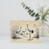 中国の墨絵風 水辺のサギたち ポストカード (スタンド正面)