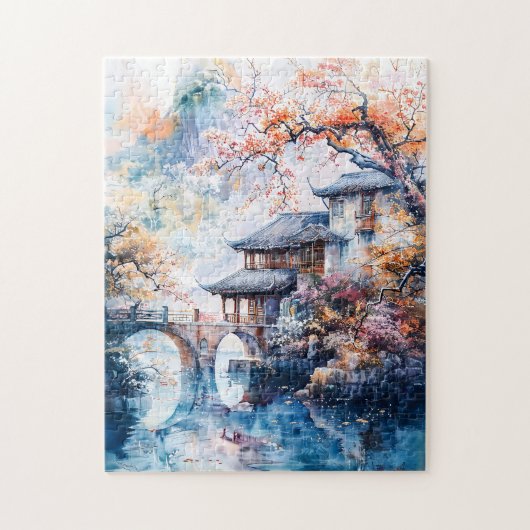 中国の寺院と水の水彩画 ジグソーパズル (縦)