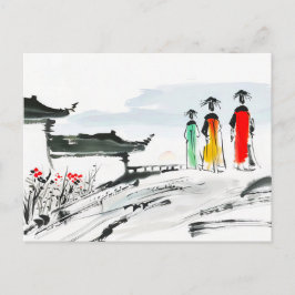 中国の寺院の庭の訪問者 ポストカード