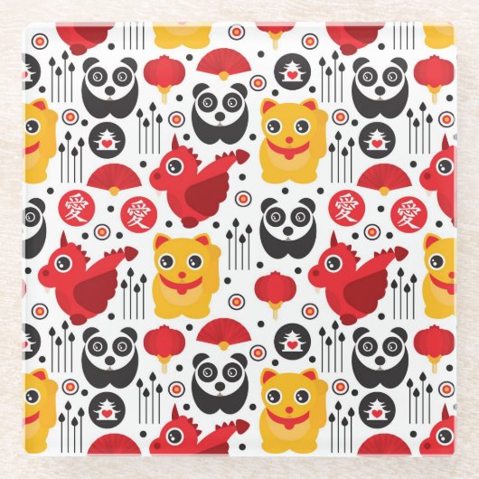 中国の幸運な猫、ドラゴンおよびパンダ ガラスコースター (正面)