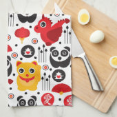 中国の幸運な猫、ドラゴンおよびパンダ キッチンタオル (四つ折り)