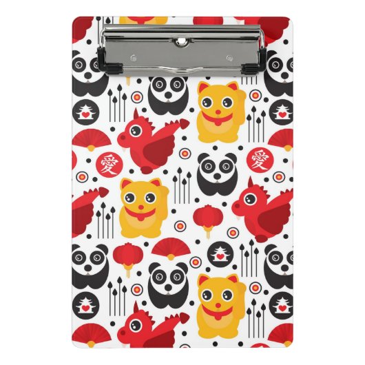 中国の幸運な猫、ドラゴンおよびパンダ ミニクリップボード (正面)