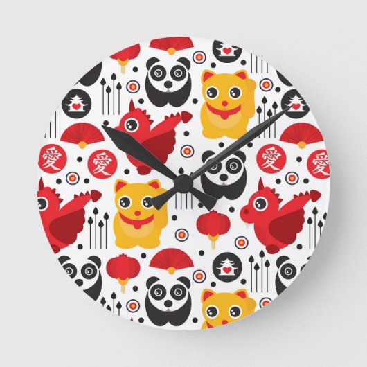 中国の幸運な猫、ドラゴンおよびパンダ ラウンド壁時計 (正面)