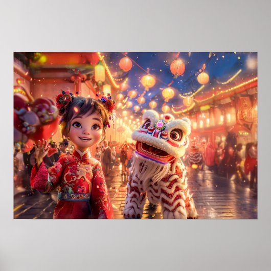 中国の新年に向けたドラゴン衣装のコミックガール ポスター (正面)
