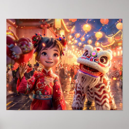 中国の新年に向けたドラゴン衣装のコミックガール ポスター (正面)