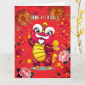 中国の新年に贈る獅子舞のポストカード カード (黄色い花)