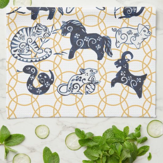 中国の新年動物〔占星術の〕十二宮図ブミニマルルー金ゴールド キッチンタオル (折り畳み)