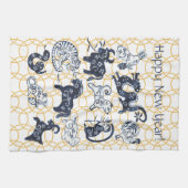 中国の新年動物〔占星術の〕十二宮図ブミニマルルー金ゴールド キッチンタオル (横)