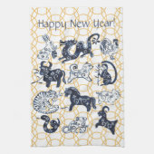 中国の新年動物〔占星術の〕十二宮図ブミニマルルー金ゴールド キッチンタオル (縦)