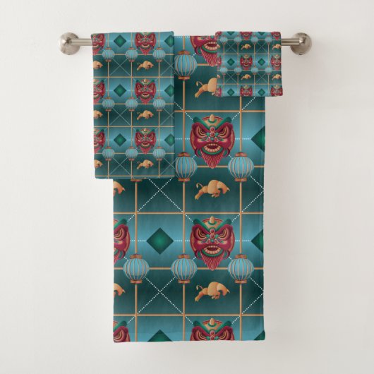 中国の新年 – 緑チェックパターン バスタオルセット (インサイチュ)