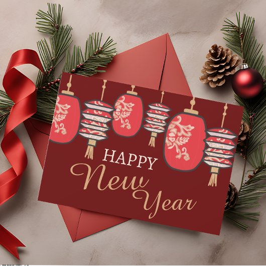 中国の新年 赤いランタンのドラゴン シーズンカード