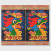 中国の旧正月切り絵ドラゴンの木の青と金 ラッピングペーパー (フラット)