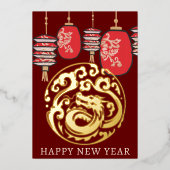中国の旧正月 赤いランタン 金のドラゴン 箔シーズンカード (正面)