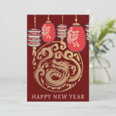 中国の旧正月 赤いランタン 金の龍 シーズンカード (スタンド正面)