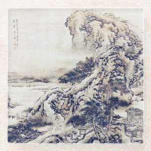 中国の景絵画観ヴィンテージ白黒 ガラスコースター